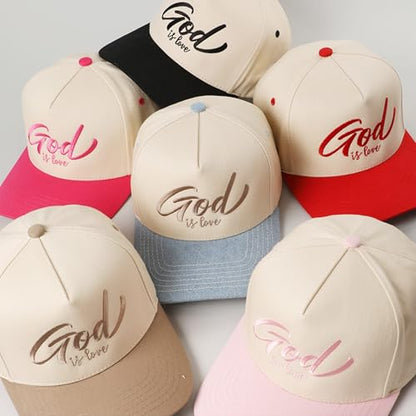 MIRMARU Christian Theme 5 Panel Embroidered Cotton Trucker Hat with Inspirational Faith Sayings for Men and Women - color: God is Love, Beige