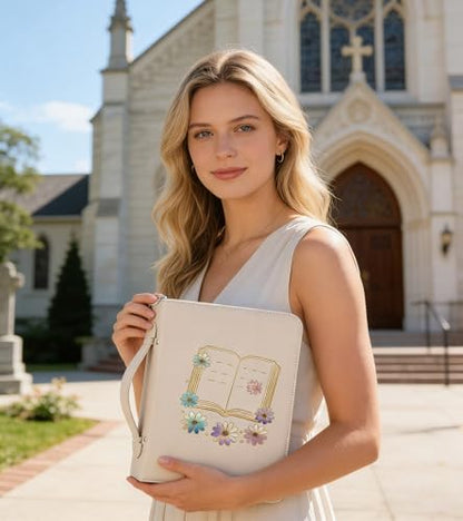 AKONEGE White Bible Cover with Handle & Shoulder Strap for Women Girls - color: White
