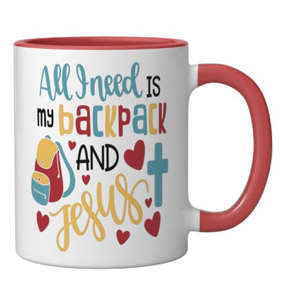 All I Need Is My Backpack and Jesus School Christian Kids Ceramic Mug, Red/White - color: Red/White, size: 11 Ounces