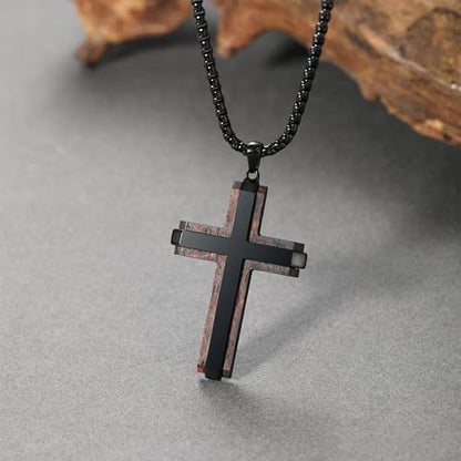 Wooden Cross Necklace for Men, Real Ebony Mens Cross Necklaces Black Stainless Steel Christian Christian Gifts for Men Wood Crucifix Pendant, with Necklace 24" Round Box Chain