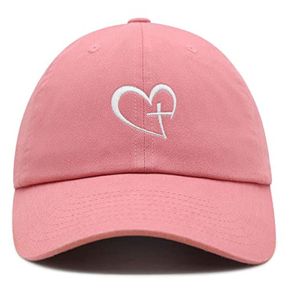 JPAK Heart and Cross Premium Dad Hat Embroidered Cotton Baseball Cap Christian Faith - color: Coral Silk