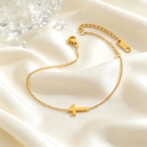 18K Gold Plated Pearl Beaded Cross Bracelets for Women Adjustable - color: Tiny Cross-Gold