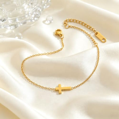 18K Gold Plated Pearl Beaded Cross Bracelets for Women Adjustable - color: Tiny Cross-Gold