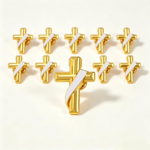 Clergy Gold Cross Lapel Pin with Enamel Ribbon, Christian Religious Brooch Badge, Suit Collar Accessory Faith Gift for Church Staff Believers - color: White