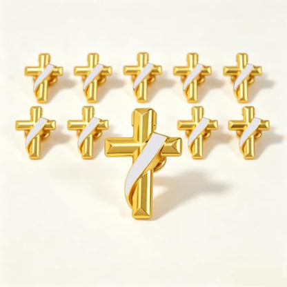 Clergy Gold Cross Lapel Pin with Enamel Ribbon, Christian Religious Brooch Badge, Suit Collar Accessory Faith Gift for Church Staff Believers - color: White