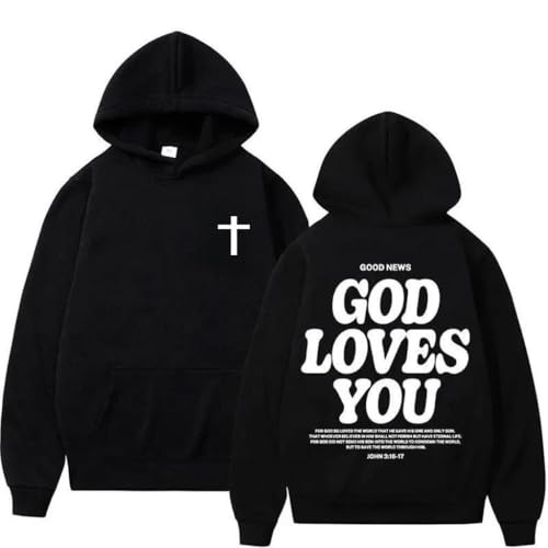 God Loves You Hoodie Christian Faith Bible Verse Religious Sweatshirt Cross Men Women Pullover Tops - color: 1 Black, size: Large