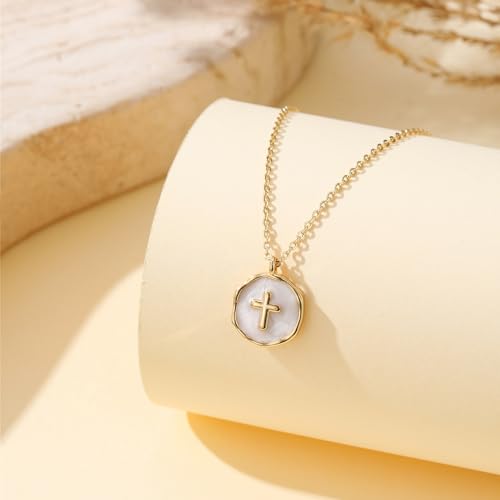 Gold Enamel Mini Cross Necklace Tiny Mother of Pearl Cross Necklace Religious Christian Gift for Baptism First Communion Christmas - color: bless this g*irl cross necklace-white