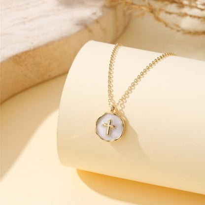 Gold Enamel Mini Cross Necklace Tiny Mother of Pearl Cross Necklace Religious Christian Gift for Baptism First Communion Christmas - color: bless this g*irl cross necklace-white