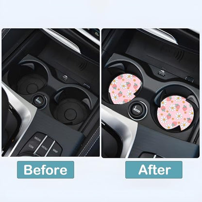 Car Cup Holder Coasters, 2 Pack – 2.75" Universal Auto Anti-Slip Insert Coaster, Rubber Car Coasters, Personalized Car Accessories for Women (Pink Strawberry) - color: Pink Strawberry