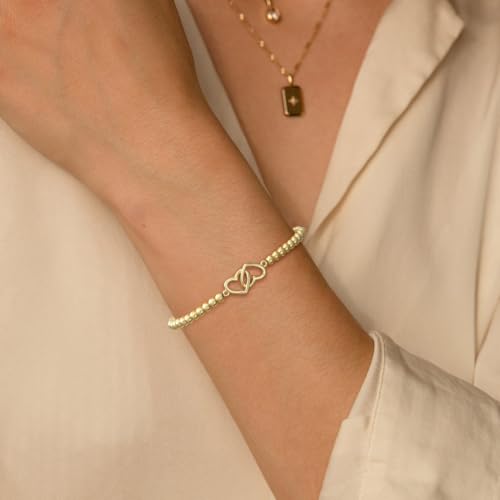 Gold Bracelets for Women 14K Gold Plated Bead Bracelet Hypoallergenic Stretch Bracelets for Women Elastic Bracelet Trendy Teen Gift Dainty Jewelry for Women - style: Double Heart