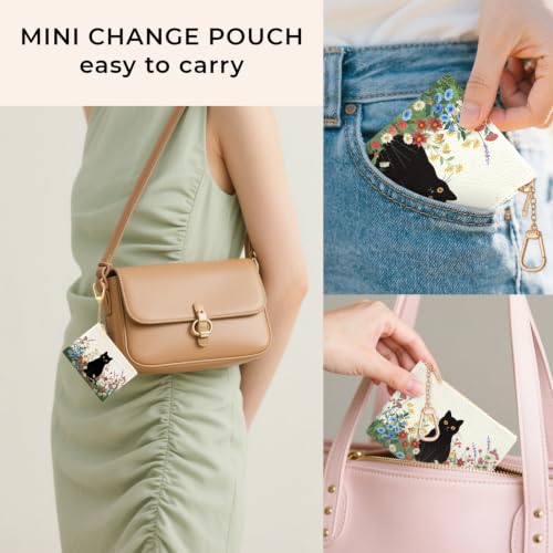 Black Cat Floral Keychain Coin Purse for Women Small Change Pouch - color: Black Cat and Flower