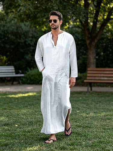 Jacansi Men's 65% Cotton 35% Linen Kaftan Thobe, Long Sleeve Casual Arabic Robe, Loose Long Gown with Pockets - color: White #1, size: XX-Large