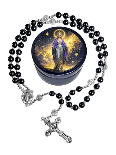 8mm Glass Pearl Rosary - Catholic Necklace for Men and Women Comes in a Metal Gift Box, First Communion Rosary Necklace as Gifts - color: Black