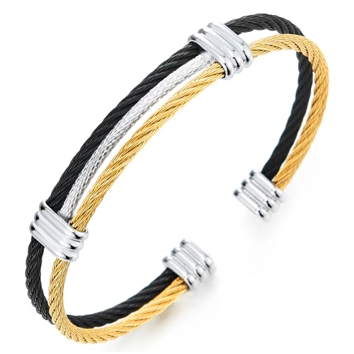 Men Women Stainless Steel Twisted Cable Adjustable Cuff Bangle Bracelet - color: N-Metal Color: Black & Gold & Silver