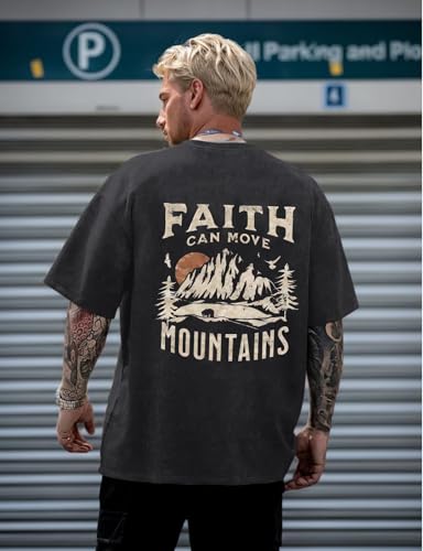 Men's Graphic Shirt Faith Can Move Mountains Shirt Oversized Camping Hiking Tees Acid Wash Casual T-Shirt - color: A Black, size: 3X-Large