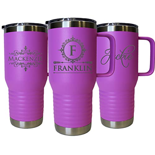 The Wedding Party Store Custom Personalized 20 oz Stainless Steel Powder Coated Vacuum Insulated Double Walled Travel Tumbler Coffee Mug with Handle and Lid (Lavender) - color: Lavender