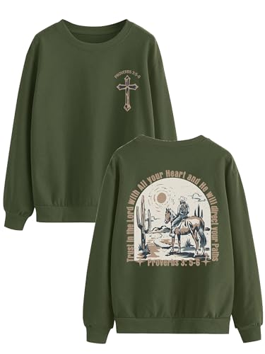 OUNAR Western Sweatshirts For Women Christian Crew Neck Long Sleeve - color: Army Green, size: X-Large