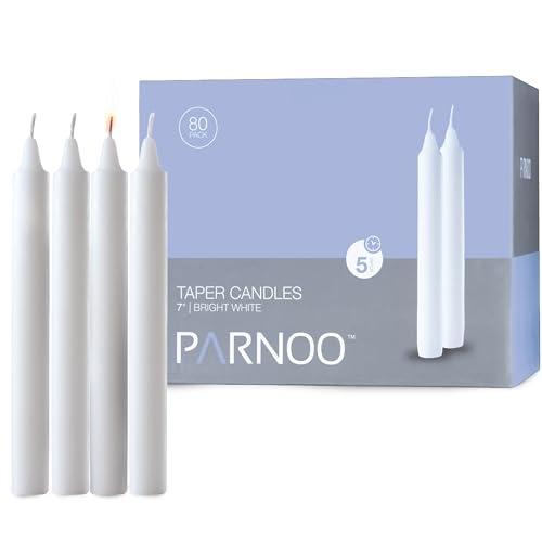 Tapered Candles - 80 Bulk Set of 6” Sticks - 5 Hours Clean, Long-Burning White Candlesticks - Dripless Unscented & Hand-Dipped Tall Candles for Dinners - White Taper Candles by PARNOO - size: 5 Hours Pack of 80