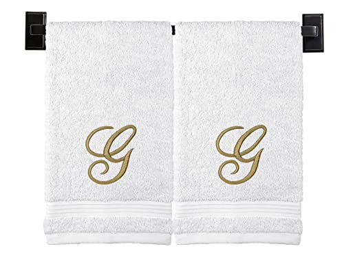 White Hand Towels for Bathroom - Monogrammed | Luxury Cotton Turkish Towels | Embroidered in USA | Set of 2 | Choose Set Color and Letter | A - Z | Script Font - color: White