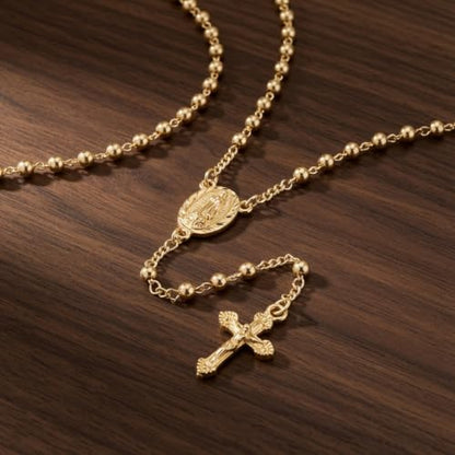 Nazareth Store 18K Gold Plated Rosary Necklace Our Lady of Guadalupe Rosaries Bead Cross Y Necklace Chain for Women - size: 4 mm Gold