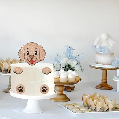 Puppy Dog Cake Topper, Dog Birthday Cake Decor, Brown Glitter Golden Retriever Paw Cake Topper for Boy, Pet Themed Birthday/Adoption Day Party Decoration - style: Puppy Dog