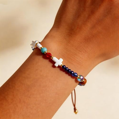 Cross Beaded Bracelet for Women – Colorful Heart Charm Bracelet, Cute Handmade Adjustable Bracelet, Meaningful Gift for Mom Daughter Sister Friend