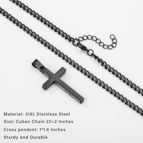 Gnamy Cross Necklace for Men Boys Stainless Steel Bible Verse Cross Pendant with Cuban Link Chain (22+2 Inches) | Christian Religious Jewelry Gifts - color: Black, style: MATTHEW 28:20