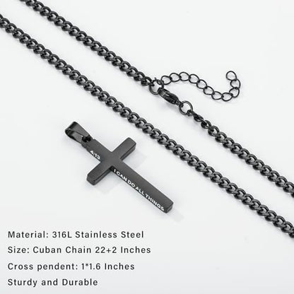 Gnamy Cross Necklace for Men Boys Stainless Steel Bible Verse Cross Pendant with Cuban Link Chain (22+2 Inches) | Christian Religious Jewelry Gifts - color: Black, style: MATTHEW 28:20