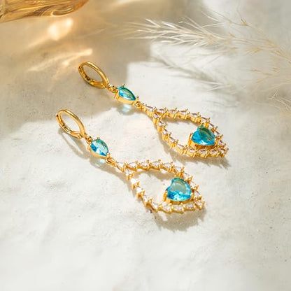 18K Gold Plated, Dangle Earrings for Women, Flower/Heart Drop earrings, Hypoallergenic Cubic Zirconia Earrings, Lightweight, Party, gold earrings, Jewelry for Gifts, Fashion - style: 7508-Blue