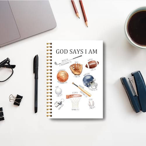 God Says I Am Christian Sports Notebook, Inspirational Bible Journal for Women Men Kids, Golf Football Basketball Baseball Lover Gifts Hardcover Spiral Notebooks Journals, 5.5x8.3 Inch - color: Christian Sports