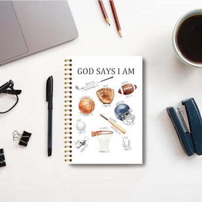 God Says I Am Christian Sports Notebook, Inspirational Bible Journal for Women Men Kids, Golf Football Basketball Baseball Lover Gifts Hardcover Spiral Notebooks Journals, 5.5x8.3 Inch - color: Christian Sports