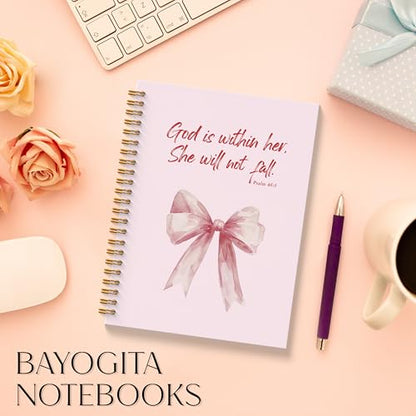 Pink Coquette Bow Christian Spiral Notebooks, God is Within Her She Will Not Fall Bible Journal, Religious Prayer Journal for Woman, Coquette Girly Office Supplies, 11.8x8.66 Inches - color: Colour-4-A4