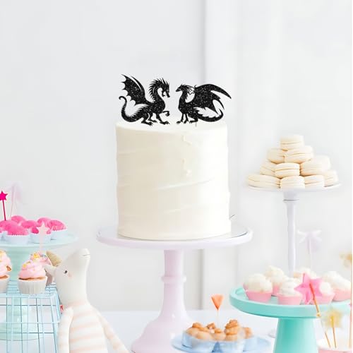 Dragon Wedding Cake Topper, Mr & Mrs Cake Decor, Black Glitter Dragons Couple Silhouette Cake Topper for Storybook Wedding Party Decoration - style: Dragon