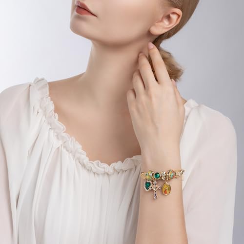 A&K Collections Mothers Day 18K Gold Beads Easter Basket Stuffers Bangle with Rhinestones Pandora Style Trendy Cross Heart Charm Luxury Adjustable Bracelet for Women Teen Girl Gifts Trendy Stuff Religious Jewelry - color: 18K GOLD/Green Charms