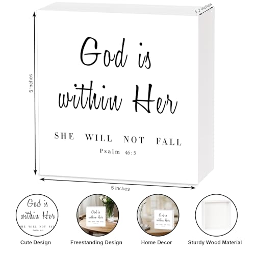 God is within Her Bible Verse Wooden Box Sign, Jesus Decor For Home Office Table Desk And Wall, Inspirational Gifts For Friends Family - color: God is within Her