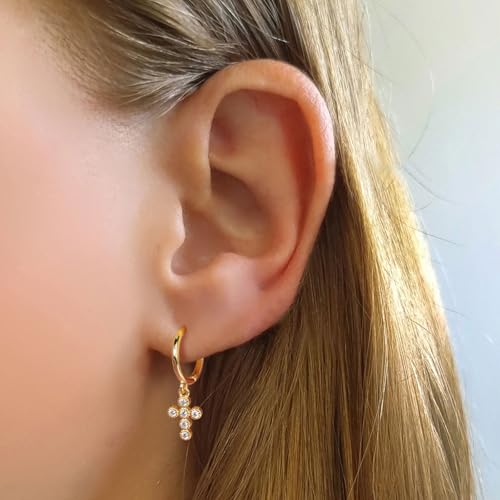 925 Sterling Silver Dangle Earrings Heart Star Cross Drop Earrings Dainty Gold Trendy Cute Earrings for Women - color: Cross, gold