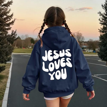 Christian Jesus Loves You Hoodie For Teen Girls Cute Graphic Hoodies Kids Bible Verse Faith Sweatshirt God Pullover - color: Navy Blue, size: 12-13 Years