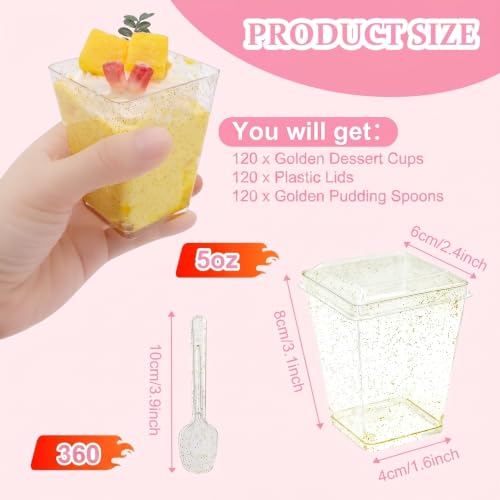 120 Pack (360 Pieces) Golden Glitter Plastic Dessert Cups with Lids and Spoons 5Oz Square Yogurt Parfait Appetier Cups for Party Dessert Shooter Cups for Ice Cream, Fruit,Jello, Pudding - size: 120 Cups+120 Lids+120 Spoons