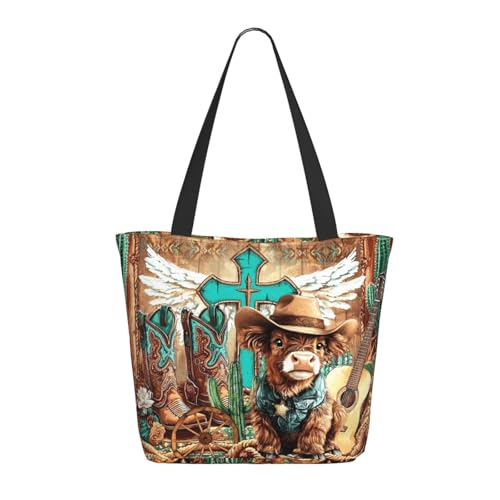 Funny Christian Tote Bags For Women With Zipper Christian Gifts For Work Gym Travel Beach Women With Large Capacity - color: Highland Cow