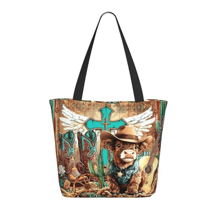 Funny Christian Tote Bags For Women With Zipper Christian Gifts For Work Gym Travel Beach Women With Large Capacity - color: Highland Cow