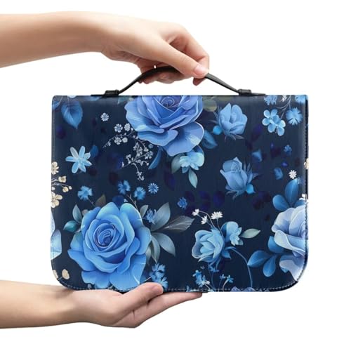 Blue Rose Flowers Print Cross Bible Cover for Women Men, Bible Case Bag with Top Handle PU Leather Bible Carrying Case for Church - color: Blue Rose Flowers, size: 2X-Large