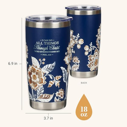 Christian Art Gifts Stainless Steel Scripture Tumbler Travel Mug for Women - color: Navy/Through Christ