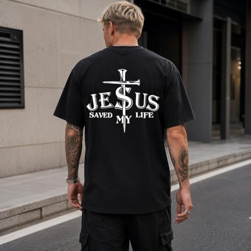 Christian Jesus Cross Shirts for Men Jesus Saved My Life T-Shirt God Tee - color: Black, size: 3X-Large