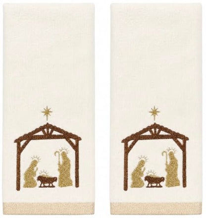 Christmas White Guest Hand Bathroom Towels, Nativity Manger Jesus, 16x26" - color: Manger