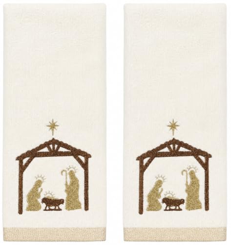Christmas White Guest Hand Bathroom Towels, Nativity Manger Jesus, 16x26" - color: Manger