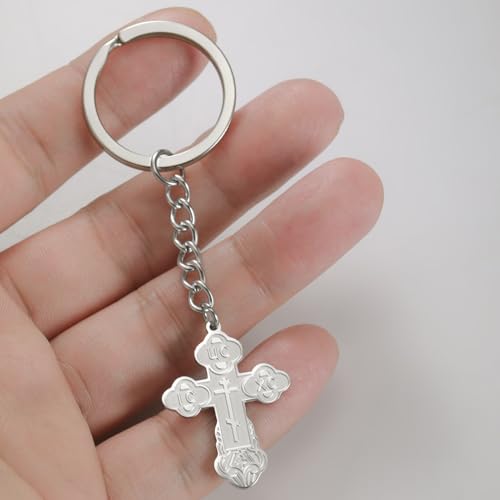 TEAMER Cross Keychain Russian Orthodox Crucifix Eastern Church Keychain Religious Christian Prayer Jewelry for Men Women - color: Silver
