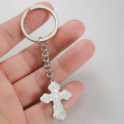TEAMER Cross Keychain Russian Orthodox Crucifix Eastern Church Keychain Religious Christian Prayer Jewelry for Men Women - color: Silver