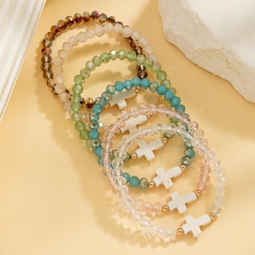 5Pcs Set Cross Beaded Crystal Turquoise Colorful Stretch Bracelet Christian Matching Strand Bracelet for Women Holiday Bohemian Boho Jewelry Multilayered Handmade - color: G