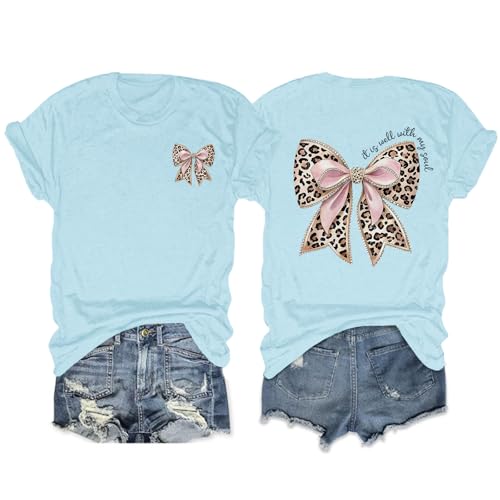 Leopard Bow Shirt Cheetah Bow Shirt Christian Shirts for Women Faith Bible Verse Shirts God Coquette Graphic Tees - color: Light Blue, size: X-Large