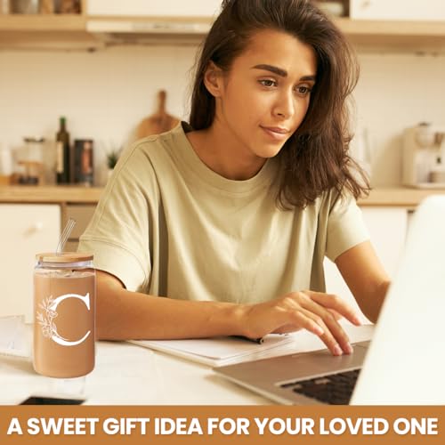 SANDJEST Monogrammed Gifts for Women - Monogram C Initial Glass Cup 16 Oz Can Coffee Cups with Lid and Straw - Monogram Initials Gifts for Womens on Birthday - color: Initial C